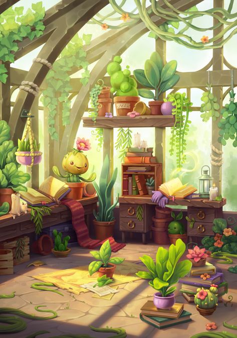 Stylized Interior Concept Art, Green House Concept Art, Greenhouse Illustration Art, Greenhouse Concept Art, Witch Greenhouse, Fantasy Garden Illustration, Summer Prompts, Hogwarts Greenhouse, Garden Concept Art