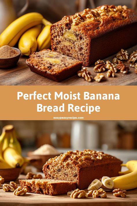 Two images of fresh, moist banana bread topped with walnuts, surrounded by whole bananas and chopped walnuts. Banana Bread Old Fashioned, Old Fashioned Banana Bread Recipe, Banana Bread 3 Bananas, 2 Bananas Banana Bread, Homemade Banana Bread Recipe, Recipe For Banana Bread, Super Moist Banana Bread, Perfect Banana Bread, Best Banana Bread Recipe