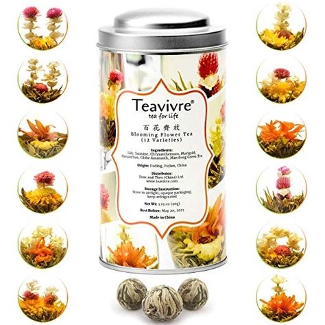 Amazon.com : Teavivre 12pcs Handmade Blooming Flower Tea, Assorted Flowering Green Tea Ball - Tin : Grocery & Gourmet Food Blooming Flower Tea, Tea Balls, Blooming Tea, Flower Tea, Blooming Flowers, Gourmet Food, Gourmet Recipes, Green Tea, Tin