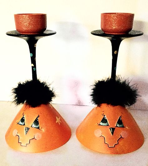 Martini glasses painted to look like pumpkins.  Candle holders including cup holders for tea lights.  Boa for hair.  Visit my etsy shop to see more. www.etsy.com/shop/pottedlady2001 Martini Glass Crafts, Painted Martini Glasses, Halloween Witch Hat Wreath, Glasses Art, Wine Glass Candle Holder, Candles Holder, Hat Wreath, Fall Decor Wreaths, Wine Glass Candle