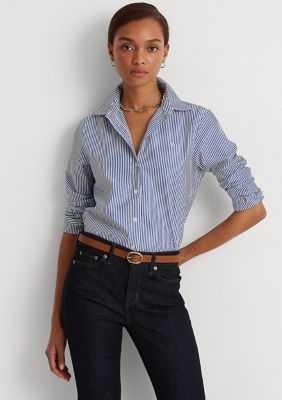 Treated with a no-iron finish, this striped shirt adorned with “LRL” embroidery is a timeless wardrobe essential. Relaxed fit Intended to hit at the hip Size medium has a 27.5 in body length and a 32.5 in sleeve length Sleeve length is taken from the center back of the neck and changes 0.75 in between sizes Point collar Buttoned placket with signature "Lauren Ralph Lauren"-engraved buttons Long sleeves with buttoned barrel cuffs Signature "LRL" embroidery at the left chest Back yoke Shirttail he White Striped Shirt Outfit, Ralph Lauren Womens Clothing, Striped Tops Women, Timeless Wardrobe, Outfit Formulas, Ralph Lauren Outfits, Ralph Lauren Womens, Petite Outfits, Plus Size Shirts