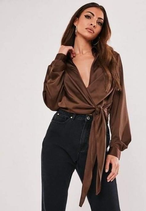 Silk Top Outfit, Satin Blouse Outfit, Top Designs For Women, Long Sleeve Shirt Outfits, Satin Outfit, Plunge Blouse, Petite Clothes, Brown Long Sleeve Shirt, Long Sleeve Wrap Top