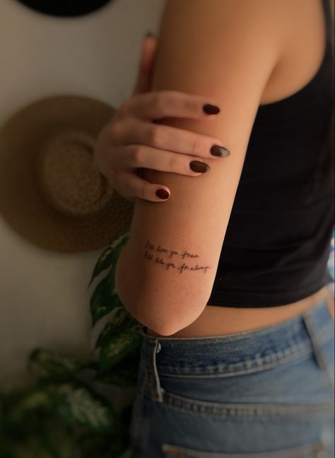 Words Tattoos For Women Placement, Tattoos From Parents Writing, Places To Get Writing Tattoos, Arm Tattoo Writing For Women, Small Hand Written Tattoos, Hand Writing Tattoos For Women, Lyric Tattoos Placement Arm, Small Lettering Tattoo Placement, Tattoos Of Handwriting