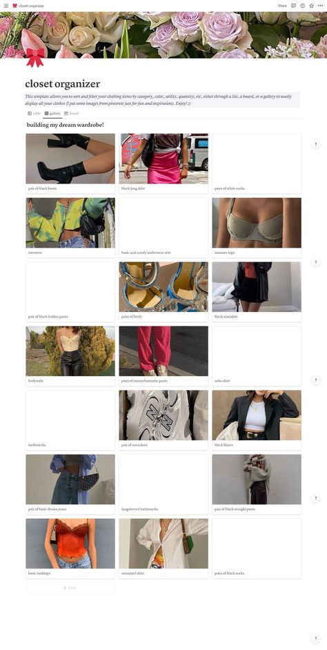 aesthetic that girl pinterest outfits closet wardrobe organizer free notion template Girls Closet Organization, Clothing Templates, Wardrobe Organizer, Outfit Planner, Chaotic Academia, Closet Wardrobe, Fashion Templates, Digital Closet, Fashion Cover