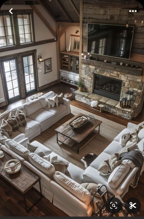 Country Style Living Room Ideas Rustic, Living Room Rustic Ideas, House Design Farmhouse Interior, Real Homes Interiors Living Rooms, Farmhouse Living Room Open Concept, Massive Living Room Ideas, Home Decor Ideas Rustic Modern, Simple Living Room With Fireplace, Cozy Barndominium Living Room