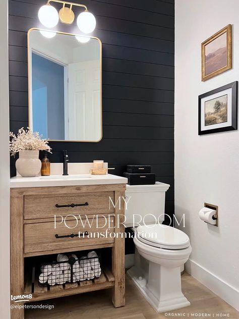 Powder Room Transformation// Our powder room is the smallest room in our entire home so I wanted to make sure to utilize every squ Powder Bathroom Ideas, Farmhouse Powder Room, Small Half Bathroom, Small Half Bath, Kid Bathroom, Half Bath Remodel, Half Bathroom Decor, Powder Room Remodel, Powder Room Vanity