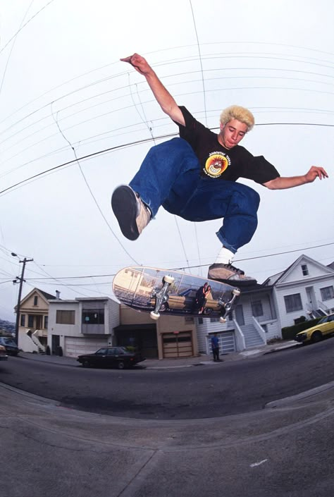 Back in the early 90s new skate spots were being discovered daily; Mike Carroll made good use of this driveway bump with this stylish heelflip in the streets of San Francisco. Shot on Kodak Ektachrome and  published in Thrasher Magazine in 1992. This listing is for an original classic action photograph printed on Epson premium archival, acid-free paper with a luster finish. it is rated by the manufacturer to last a lifetime. The print includes a white 1 inch border around the image - ready for m Mike Carroll, Skate Photography, Skate Vibes, Skate Aesthetic, Skateboard Aesthetic, Skate Photos, Skateboard Photography, Skater Vibes, Skater Boys