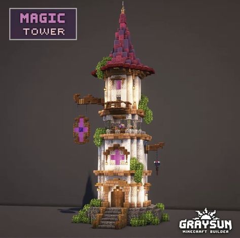 Potion Tower Minecraft, Minecraft Tall Tower, Minecraft Witch Tower Ideas, Tower Minecraft House, Magical Tower Minecraft, Cherry Tower Minecraft, Wizard Minecraft House, Wizard Tower Minecraft Easy, Minecraft Houses Tower