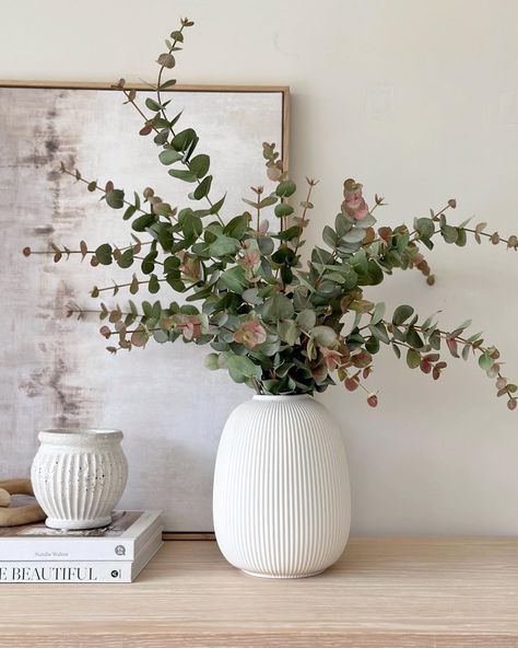 THE SUFFOLK NEST Ashlee Jane | When we use the colour green within our homes it can bring feelings of peace, harmony and balance whilst restoring our creativity and… | Instagram Faux Eucalyptus Vase, Spring Home Decorations, Faux Floral Arrangements Home Decor, Bedroom Eucalyptus, Eucalyptus Arrangement Vase, Eucalyptus Vase Decor, Eucalyptus Decor Home, Eucalyptus Bathroom Decor, Eucalyptus Leaves Decor