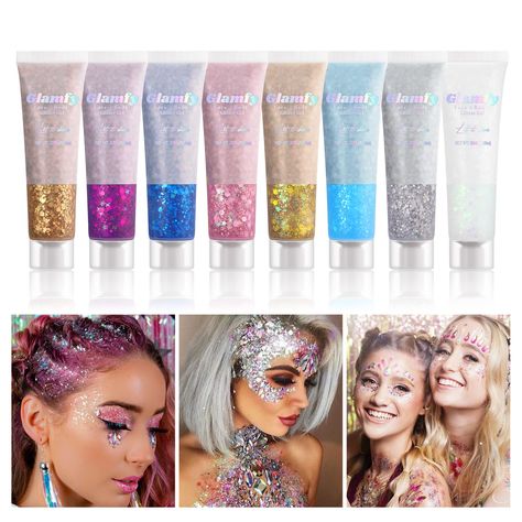 PRICES MAY VARY. 【8 Colors Body Glitter Available】Our holographic body glitter are rich in 8 colors, large tube contains 30ml body glitter gel, Glitter gel is very shiny and dazzling, and every Angle of the glitter is a different color, like a chameleon. Each color comes with its own glitter. This body glitter for women will show different effects under bright and dim lights. When the lights are bright, skin glitter are beautiful and shiny, and can add polish to your makeup. When the lights are Face Glitter, Gel Hair, Hair Glitter, Clean Fashion, Glitter Face, Rave Accessories, Skincare Cosmetics, Face Jewels, Body Gel