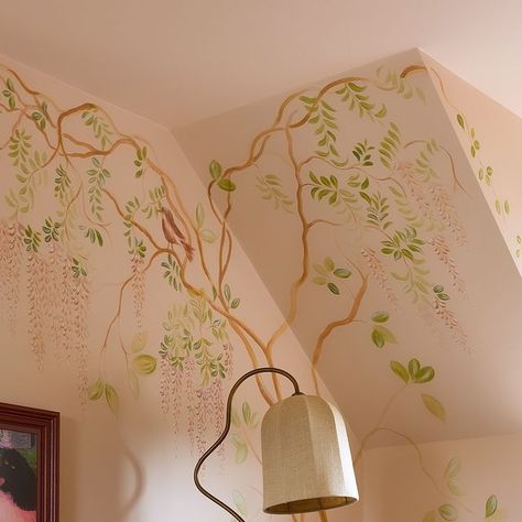 P E M B E R L E Y on Instagram: "~ An artistic expression ~

A first glimpse into the stunning loft bedroom, where the walls were meticulously hand painted to evoke sensory experiences. 

Embracing a botanical theme with blooming wisteria, we used muted plaster pink to create the perfect backdrop. Our inspiration came from 17th-century Japanese Edo period paintings, blending cultural and historical influences seamlessly.

Interior design and project managed by @houseofpemberley_ 
Photography by @paleblue_and_red 

#houseofpemberley #pemberley #nupurtandon #interiordesigner #britishdesigner #britishdesign #crateandbarrel #wisteria #japaneseart #japanese #edoperiod #plasterpink #loftbedroom #victorianhome #journeyintotheextraordinary #bedroominspo #artwall #wallmural #artisticinteriors #hist Plaster Pink Walls, Japanese Edo Period, Botanical Theme, Timeless Interior, Loft Bedroom, Edo Period, Artistic Expression, Pink Walls, British Design