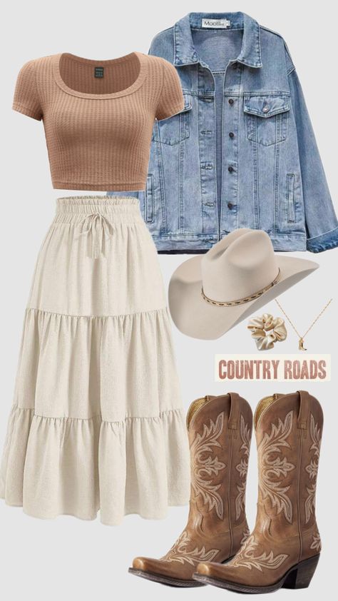 #country #countrygirl #outfit #modestoutfit #neutral #brown #skirt #western #modest #churchoutfit #summer #christiangirl #fashion How To Style Brown Cowgirl Boots, Country Outfits Modest, Modest Western Outfits Summer, Modest Outfits With Cowgirl Boots, Country Modest Outfits, Cowgirl Outfits With Skirt, Country Outfit Skirt, Western Modest Outfits, Fall Outfits Brown Boots