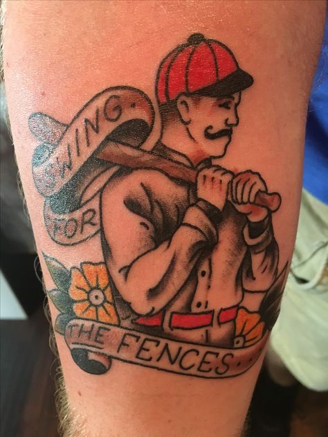 Old school baseball tattoo Traditional Sports Tattoo, American Traditional Baseball Tattoo, Baseball Tattoo Ideas Men, Baseball Theme Tattoo, Traditional Baseball Tattoo, Baseball Tattoo For Men, Atlanta Braves Tattoo, Traditional Tattoo Sleeve Filler, Western Sleeve