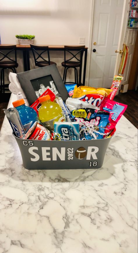 Football Baskets For Boyfriend, Soccer Senior Night Posters, Football Boyfriend Gifts, Senior Football Gifts, Football Gift Baskets, Volleyball Senior Night Gifts, Senior Night Football, Soccer Senior Night, Graduation Gift Basket