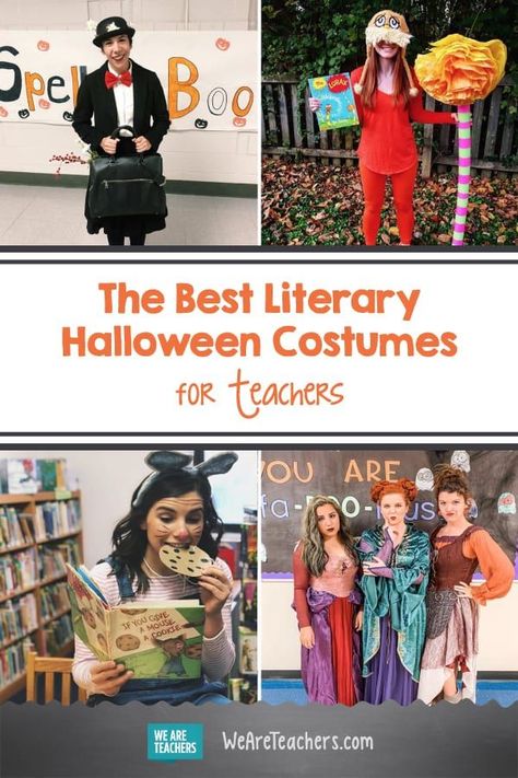 The Best Literary Halloween Costumes for Teachers. We love these literary Halloween costumes for teachers! From Elizabeth Bennet to The Very Hungry Caterpillar, you'll find ideas for every grade level. #halloween #teachers #teacherlife Fairy Tale Costumes For Teachers, Book Character Dress Up For Teachers Storybook Characters, Library Costumes Halloween, Holloween Costume Ideas For Teacher, Literacy Week Costumes, Teacher And Aide Halloween Costumes, Book O Ween Teacher Costumes, Literacy Day Costumes Teachers, Dress Like A Storybook Character Teacher