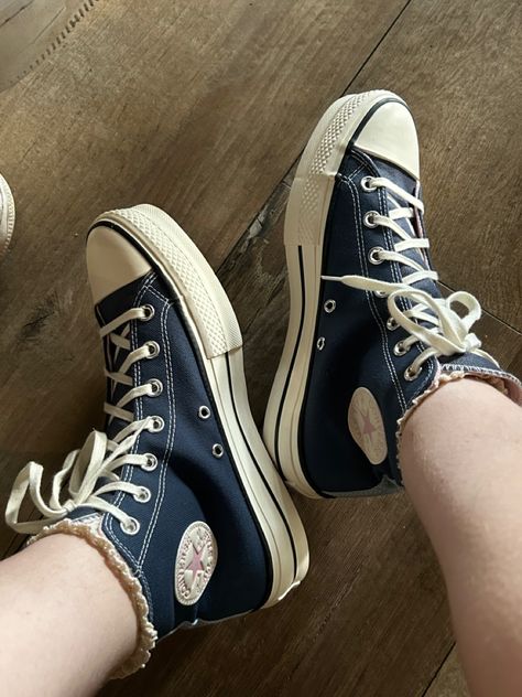 Denim Converse Outfit, Navy Platform Converse, Converse And Socks, Blue Platform Converse, Blue Converse Outfit, Sock Inspiration, Ruffle Sock, Blue Y2k Outfit, Converse Socks