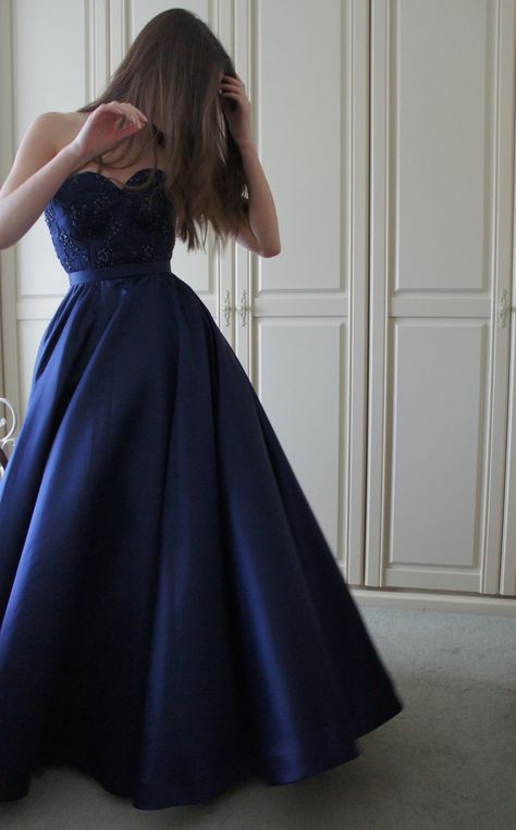 Dark Blue Gown Dress, Long Confirmation Dresses For Teens, Dark Blue Prom Dress Ball Gown, Prom Dresses Long Dark Blue, Deep Blue Dresses, Navy Blue Ballroom Dress, Dark Blue Prom Dress Corset, Midnight Blue Corset Dress, Night Blue Prom Dress