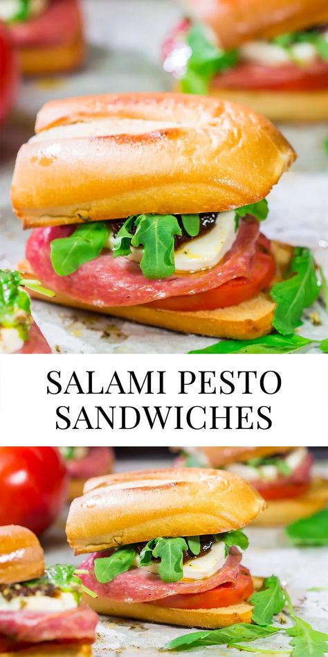 Layered with all sorts of delicious Italian ingredients, these Salami Pesto Sandwiches are packed with flavor! Salami Sandwich, Hot Sandwich Recipes, Pesto Sandwich, Chewy Bread, Cold Sandwiches, Green Eating, Hot Sandwich, Health Dinner, Homemade Italian