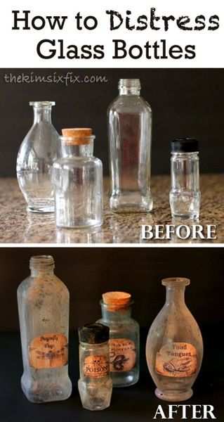 How to Distress Glass Bottles  via TheKimSixFix.com Läskig Halloween, Cumpleaños Harry Potter, Diy Daybed, Halloween Apothecary, Halloween Fest, Hallowen Ideas, Casa Halloween, Halloween Bottles, Festa Harry Potter