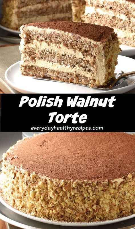 Side view of walnut torte on white plate. Walnut Sponge Cake, Nut Torte Cake, Nutty Cake Recipes, Walnut Cream Cake, Easy Walnut Cake, Romanian Walnut Buttercream Cake, Sponge Cake Flavours, Different Cakes Recipes, Coffee And Walnut Cake Recipe