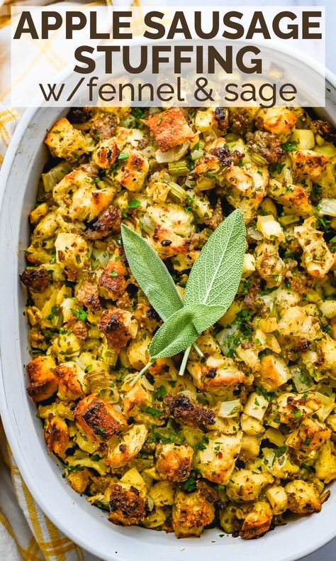 Classic Bread Stuffing Recipe, Sausage Apple Stuffing, Sausage And Apple Stuffing, Apple Sausage Stuffing, Apple Stuffing, Holiday Casseroles, Sage Stuffing, Bread Stuffing, Fennel Sausage