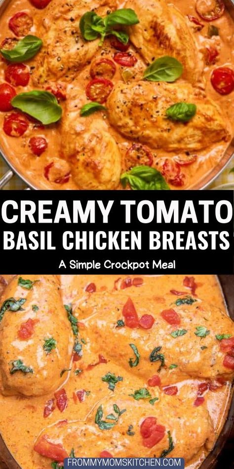 This easy crockpot tomato basil chicken recipe is perfect for pasta. The chicken is cooked in a tomato sauce with cream and basil, and it’s creamy and delicious. Chicken Basil Crockpot Recipes, Creamy Tomato Basil Chicken Crockpot, Slow Cooker Creamy Tomato Basil Chicken, Tomato Basil Chicken And Rice, Crockpot Chicken And Tomatoes, Crockpot Tomato Paste, Crockpot Tomato Basil Chicken, Tomato Sauce Chicken Recipes, Slow Cooker Tomato Basil Chicken