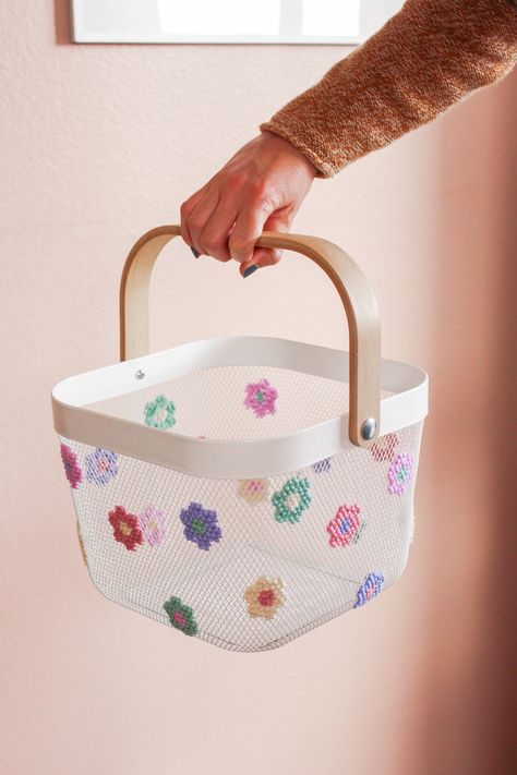 Ikea Risatorp Basket Ideas, Risatorp Basket Ikea Hacks, Embroidered Photo Art, Ikea Basket, Knitting Kids, Spring Easter Basket, Basket Makeover, Ikea Ideas, Spring Basket