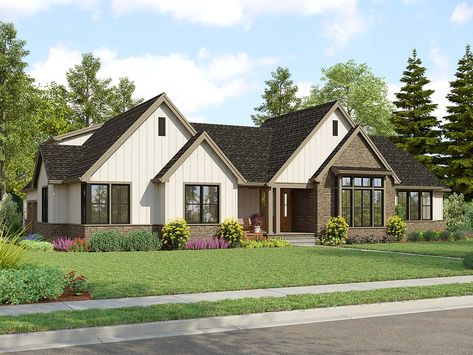 Farmhouse, Ranch House Plan 81370 with 4 Beds, 3 Baths, 3 Car Garage Elevation Floor Plans Ranch, Ranch Style House Plans, Modern Ranch, Farmhouse House, Built In Grill, Farmhouse Plan, Ranch Style Homes, Ranch House Plans, House Plans Farmhouse