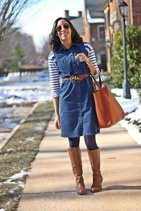 How to Wear a Shirt Dress — 10 Amazing Outfit Ideas – Svelte Magazine Denim Dress Outfit Winter, Denim Dress Outfit Fall, Denim Shirt Dress Outfit, Denim Dress Outfit Ideas, Denim Dress Winter, Jeans Dress Outfit, Denim Dress Fall, Sleeveless Dress Outfit, Denim Dress Outfit