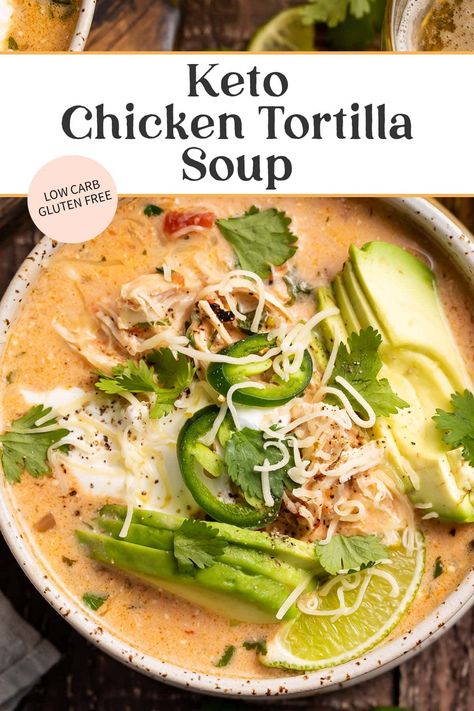 This keto chicken tortilla soup is creamy, rich, a little spicy, and easy to make in about 30 minutes. Loaded with toppings like avocado and shredded cheese, this dish is super low in carbs but you won't miss them at all - and neither will your family! Tortilla Soup Keto, Keto Chicken Tortilla Soup, Keto Chicken Tortilla, Soup Keto, Cena Keto, Chicken Tikka Masala Recipes, Chicken Tortillas Soups Recipe, Tortilla Soup Recipe, Boiled Egg Diet Plan