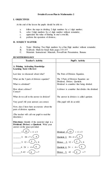 Detailed Lesson Plan in Mathematics 2 I. OBJECTIVES At the end of the lesson the pupils should be able to: a. follow the s... Teacher Lesson Plans Elementary, Lesson Plan In Filipino, Grade 1 Lesson Plan, Math Lesson Plans Elementary, Science Lesson Plans Elementary, Lesson Plan Format, Lesson Plan Examples, Teaching Lessons Plans, Lesson Plan Template Free