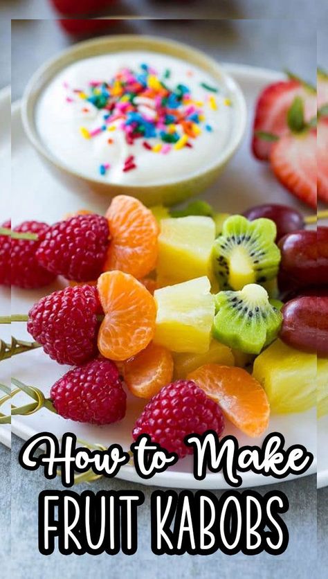 This recipe for fruit kabobs is a rainbow of fruit served on skewers with a yogurt dipping sauce. Easter Fruit, Baby Shower Fruit, Fruit Kebabs, Fruit Appetizers, Spring Fruit, Fruit Skewers, Easter Dinner Recipes, Fruit Kabobs, Fruits For Kids