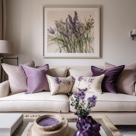 Purple And Cream Living Room, White And Lavender Living Room, Blush Purple Bedroom, Purple Cushions Living Room, Lilac And Cream Bedroom, Beige And Purple Living Room, Lavender Apartment Decor, Plush Sofa Living Rooms, Lilac Living Room Decor