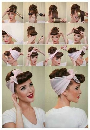 1950s Hair Tutorial, Bandana Tutorial, Betty Bangs, Natural Looking Curls, Pinup Hair, Hair Bandana, Vintage Hairstyles Tutorial, 1950s Hairstyles, 50s Hairstyles