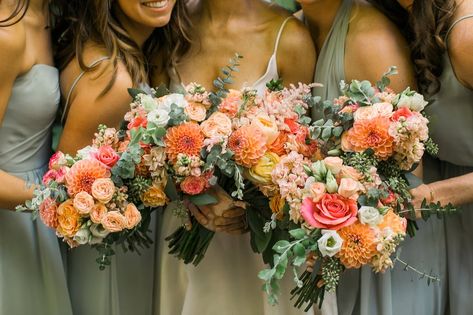 Bright Bridesmaid Arrangements Green Bridesmaid Dresses Colorful Flowers, Orange White Bouquet, Green And Coral Wedding, Lana Wedding, Coral Bouquet, Mackinaw Island, Monterey Wedding, Olive Wedding, Sage Green Bridesmaid Dress