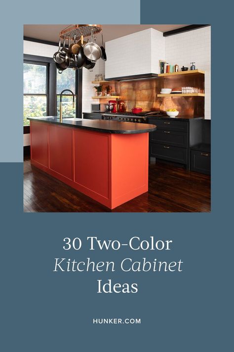 Here are 30 two-tone kitchen cabinet ideas that will have you reaching for, well, more than one paintbrush. #hunkerhome #kitchencabinet #kitchencabinetideas #twotonecabinets Kitchen In Two Colors, Multiple Color Kitchen Cabinets, Kitchens With Red Cabinets, Different Color Cabinets In Kitchen, Kitchen Cabinet Color Ideas Two Tone, Two Color Kitchen Cabinets Ideas, Two Tone Cabinets Color Combos, Two Color Kitchen Cabinets, 2 Tone Kitchen Cabinets