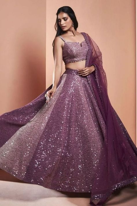 Purple Lehenga For Engagement, Shimmer Lehenga Indian Weddings, Sequence Lehenga Blouse Designs, Sequence Lehenga Designs, Shimmer Lehenga Designs, Purple Lehnga Design, Sequence Lehenga Party Wear, Combination With Purple Lehnga, Purple Lehenga Designs