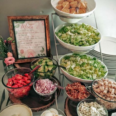 Serving Salad At Party, Lunch Shower Food Ideas, Salad Bar Ideas Buffet Summer Parties, Bridal Shower Food Bar, Salad Bar For Wedding Reception, Party Salad Bar Ideas, Bridal Shower Food Table Ideas, Bridal Shower Ideas Lunch, Wedding Lunch Menu Ideas