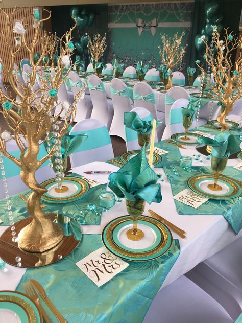 Gold And Turquoise Wedding, Dinner Party Decorations Table, Purple Turquoise Wedding, African Wedding Theme, Wedding Decorations Diy Centerpiece, Tiffany Blue Weddings, Dinner Party Decorations, Civil Wedding Dresses, Gold Wedding Theme