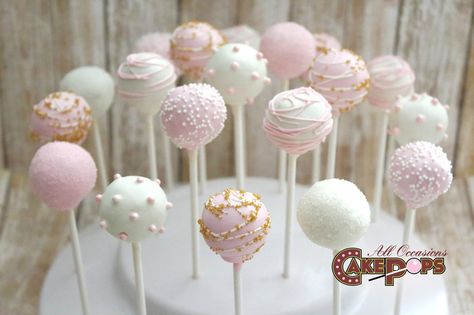 Simple white, pink, and gold cake pops🎀 Pink White And Gold Cake Pops, Pink And Gold Cakepops, Cake Pops Pink And Gold, Cake Pops Pink And White, White And Pink Cake Pops, Cake Pops First Birthday, Pink And White Birthday Theme, First Birthday Cake Pops, Pink And White Cupcakes