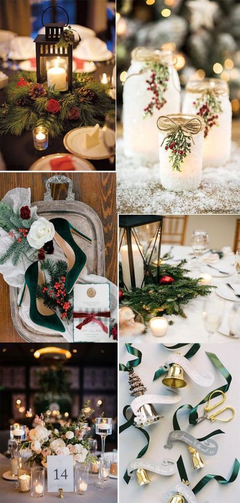 Wedding On Christmas, Christmas Rustic Wedding Ideas, Rehearsal Dinner Christmas Theme, Christmas Wedding Unity Ideas, Christmas Table Decorations Wedding, Christmas Wedding Table Decorations Centerpieces, Woodland Christmas Wedding, Vintage Christmas Wedding Ideas, Christmas Trees At Wedding