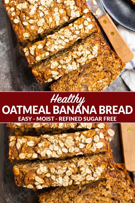 This healthy Oatmeal Banana Bread is made with simple ingredients like oats, ripe bananas, warm spices, and Greek yogurt. It contains no sugar and is naturally sweetened! It's perfect for breakfast, healthy snacks, and comes together in no time! #bananabread #oatmealbananabread #quickbread #healthybreakfasts #wellplated Banana Bread Easy Moist, Banana Oat Bread, Oatmeal Banana Bread, Oatmeal Banana, Banana Bread Recipe Healthy, Healthy Bread Recipes, High Protein Desserts, Oatmeal Bread, Snacks Appetizers