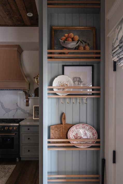 Shelves On The Side Of Cabinets, How To Add Shelves To Kitchen Cabinets, Built In Kitchen Storage Ideas, Kitchen Accent Wall With Shelves, Half Cabinets Half Shelves Kitchen, Appliance Room Kitchen, Backsplash On Side Of Cabinet, Corbels Kitchen Cabinets, Shaker Plate Rack