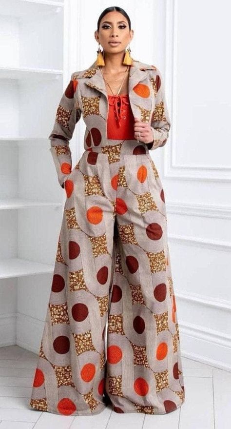 African Print Overalls, African Trouser Suit For Women, Two Piece Outfits Pants Classy Ankara, Ankara Suits For Women, Ankara Pants Suits For Women, Palazzo Pants Outfit Work, Ankara Two Piece Outfit Pants, Ankara Palazzo Pants And Top, Yellow Outfit Black Women