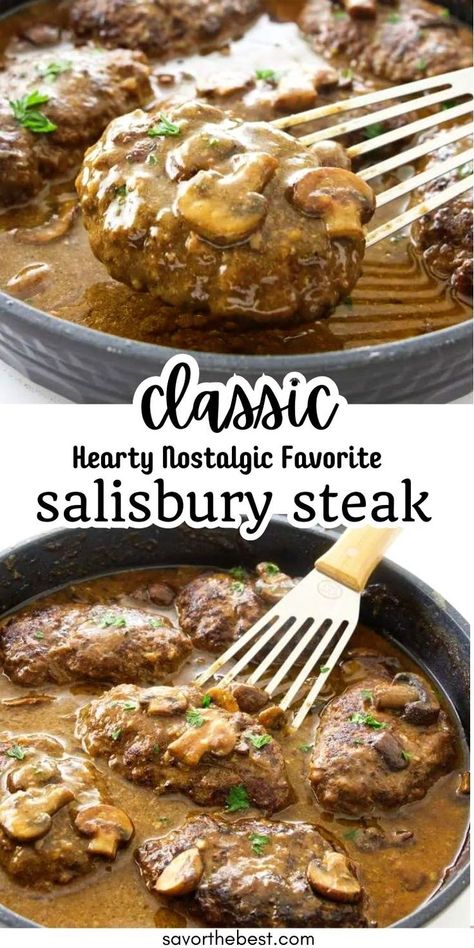 Mushroom Onion Gravy, Best Salisbury Steak Recipe, Homemade Salisbury Steak, Salisbury Steak Recipe, Dinner Favorites, Beef Steak Recipes, Salisbury Steak Recipes, Tamale Pie, Hamburger Steak