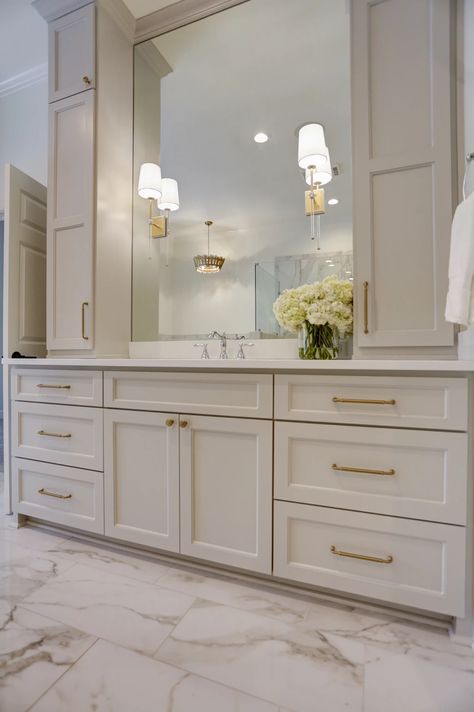 Bathrooms Masterbath 2024, Primary Bathroom Ideas Timeless, Master Vanities, White Luxury Bathroom, Taupe Bathroom, Master Bath Renovation, Bathroom Shower Walls, Master Bath Remodel, Bathroom Remodel Designs