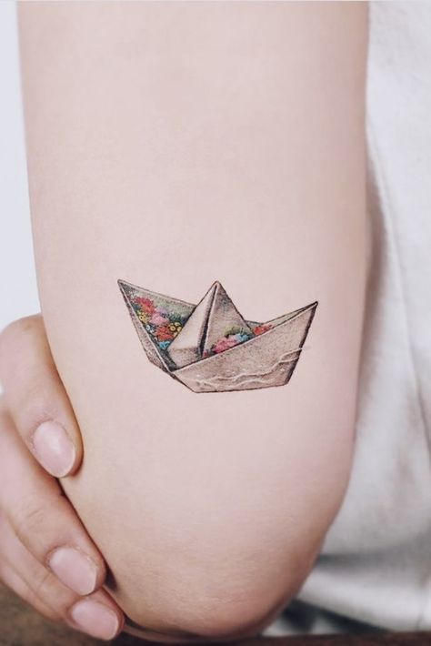 Fluffy Tattoo, Paper Boat Tattoo, Boat Tattoo, Origami Tattoo, Bottle Tattoo, Origami Boat, Coffee Tattoos, Tattoo Paper, Paper Boat