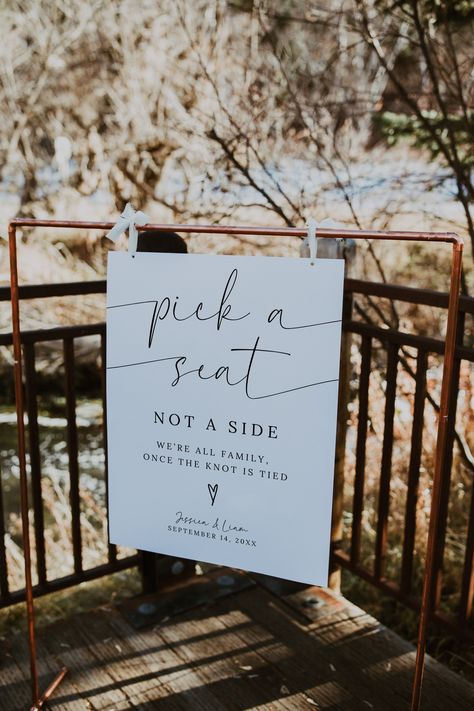 Welcome your guests with warmth and unity with our "Pick a Seat, Not a Side" Wedding Sign Template! This elegant sign invites your loved ones to sit wherever they choose, emphasizing the joining of families and the celebration of love during your wedding ceremony. Instant Digital Download: Access a high-quality, customizable template immediately upon purchase, ready to personalize and print. Elegant Design: The sign features a sophisticated and stylish layout with refined typography and decorati Choose A Seat Not A Side, Wedding Sit Anywhere Sign, Wedding No Seating Chart Sign, Sit On Either Side Wedding Sign, Wedding Pick A Seat Not A Side, Spring Ceremony Decorations, Sit Wherever Sign Wedding, U Shaped Wedding Seating, Pick A Seat Not A Side Sign