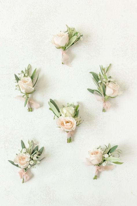 Blush, cream and sage boutonnieres Blush Pink And Moss Green Wedding, Pink And Green Boutonniere, Sage Blush Bouquet, Pink And Sage Wedding Flowers, Blush Pink And Sage Green Wedding Flowers, Sage Green And Blush Wedding Flowers, Blush Pink And Sage Green Wedding Flowers Centerpieces, Blush Ivory Sage Green Wedding, Light Pink And Light Green Wedding