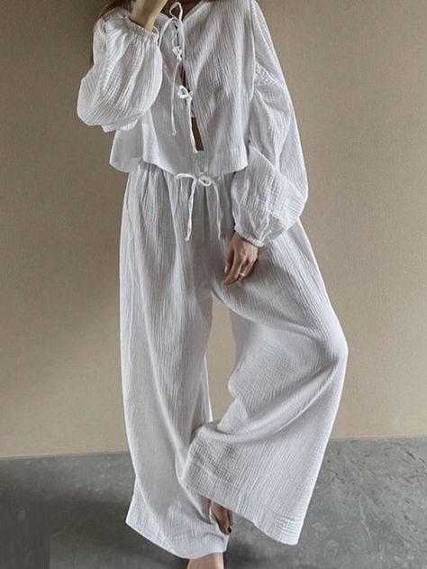 Women's Low Waist Trousers With Front Tie Two-Piece Set White Casual    Plain  Non-Stretch  Women Clothing, size features are:Bust: ,Length: ,Sleeve Length: Loose Fitting Pants, Cotton Gauze Fabric, Top Pants Set, Trouser Suits, Mode Inspiration, White Casual, Two Piece Outfit, Women Clothing, Outfit Sets